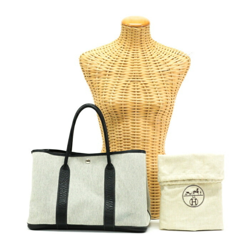 HERMES Garden Party PM Toile Ash H Handbag Tote Bag Grey Noir Black